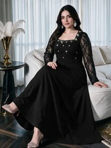 Modelyn Gaun Wanita Ukuran Besar Warna Hitam Leher Persegi Berhiaskan Bordir Rhinestone Lengan Panjang Model A-Line Pas Badan Panjang Hingga Lantai, Gaun Formal untuk Tamu Pernikahan Musim Gugur, Gaun Malam Formal - Hitam - View 8