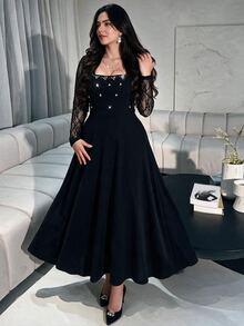 Modelyn Gaun Wanita Ukuran Besar Warna Hitam Leher Persegi Berhiaskan Bordir Rhinestone Lengan Panjang Model A-Line Pas Badan Panjang Hingga Lantai, Gaun Formal untuk Tamu Pernikahan Musim Gugur, Gaun Malam Formal - Hitam - View 6