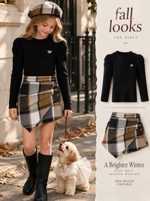 Tween Girl Black Knit Long Sleeve + Plaid Asymmetrical Skort (Includes Hat) Set Suitable For Late Autumn, Early Winter, Early Spring - Black - View 1