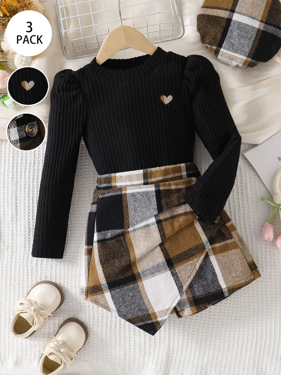 Tween Girl Black Knit Long Sleeve + Plaid Asymmetrical Skort (Includes Hat) Set Suitable For Late Autumn, Early Winter, Early Spring - Black - View 1