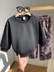 Bubblio 兒童幼童男童休閒字母印花圓領衛衣套裝，長袖圓領衛衣 + 長褲，適合假期、生日男孩、開學日 - 黑色 - 查看 6