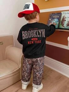 Bubblio 兒童幼童男童休閒字母印花圓領衛衣套裝，長袖圓領衛衣 + 長褲，適合假期、生日男孩、開學日 - 黑色 - 查看 7