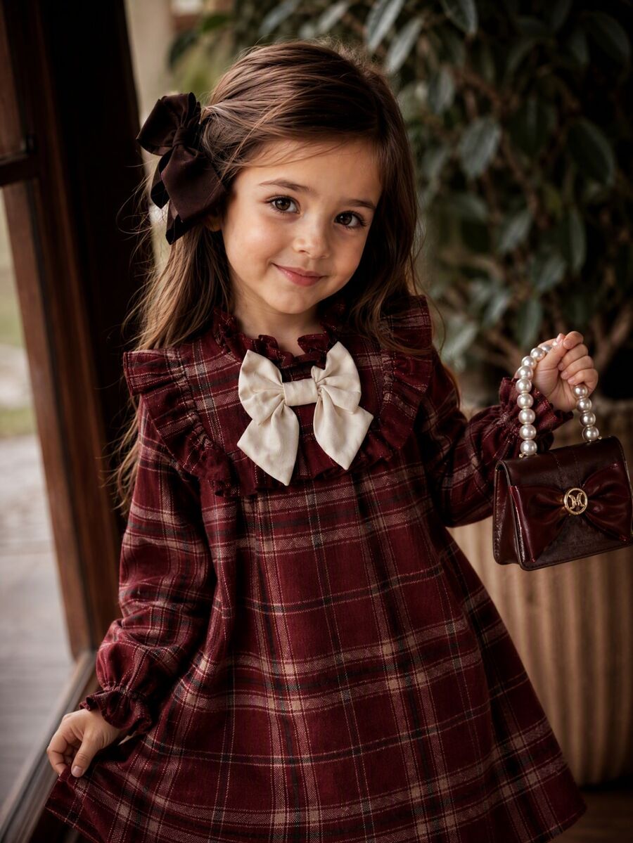 Emery Rose Kids Emery Rose Kids 女童小女孩編織格紋小立領荷葉邊裝飾3D蝴蝶結休閒洋裝
