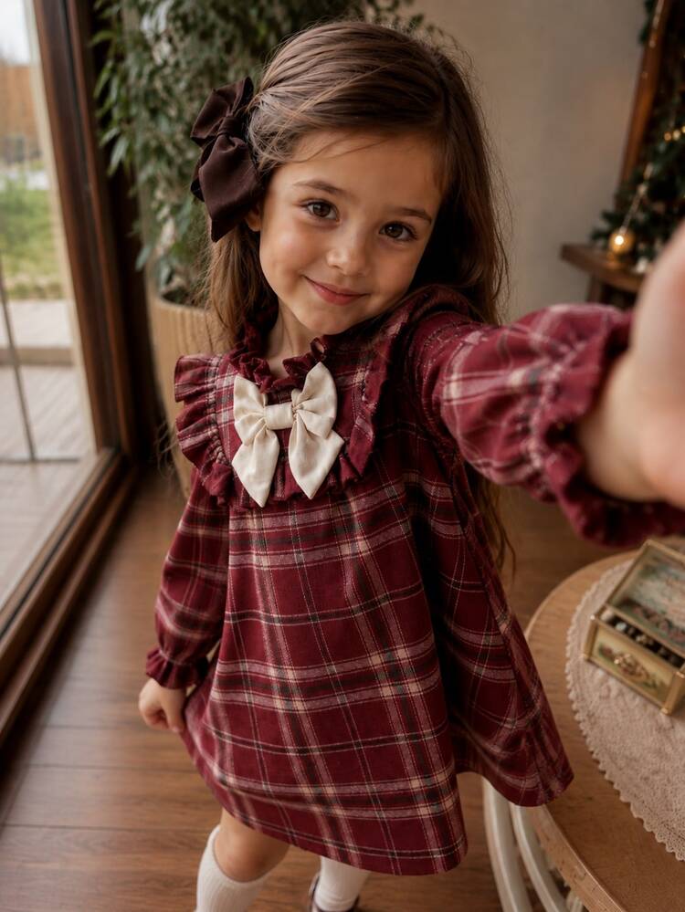 Emery Rose Kids Emery Rose Kids Young Girl Young Girl Young Girl Woven Plaid Small Stand Collar Ruffle Trim 3D Bow Casual Dress - Red - View 4