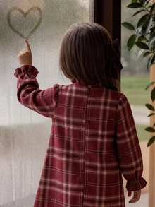 Emery Rose Kids Emery Rose Kids 女童小女孩編織格紋小立領荷葉邊裝飾3D蝴蝶結休閒洋裝 - 紅色 - 查看 9