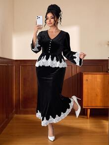 Elenzga Women's Fall Black Velvet White Lace V-Neck Button-Down Maxi Dress Set,High-Waist Ruffle Swing Ankle-Length Skirt,Occasion Wear For Business Banquet - Black - View 6