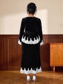 Elenzga Women's Fall Black Velvet White Lace V-Neck Button-Down Maxi Dress Set,High-Waist Ruffle Swing Ankle-Length Skirt,Occasion Wear For Business Banquet - Black - View 2