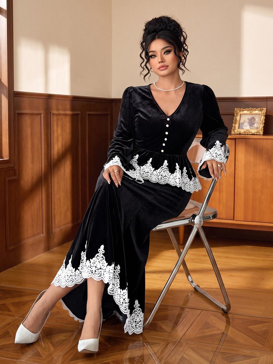 Elenzga Women's Fall Black Velvet White Lace V-Neck Button-Down Maxi Dress Set,High-Waist Ruffle Swing Ankle-Length Skirt,Occasion Wear For Business Banquet - Black - View 1