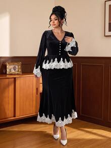 Elenzga Women's Fall Black Velvet White Lace V-Neck Button-Down Maxi Dress Set,High-Waist Ruffle Swing Ankle-Length Skirt,Occasion Wear For Business Banquet - Black - View 5
