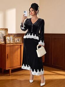Elenzga Women's Fall Black Velvet White Lace V-Neck Button-Down Maxi Dress Set,High-Waist Ruffle Swing Ankle-Length Skirt,Occasion Wear For Business Banquet - Black - View 3