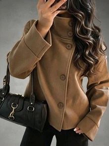 SHEIN Solid Button Front Coat - Khaki - View 4