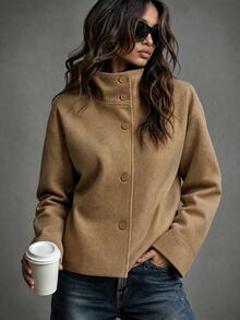 SHEIN Solid Button Front Coat - Khaki - View 5