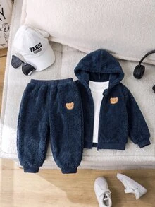 SHEIN Baby Boy Autumn/Winter Casual Bear Patch Warm Hooded Jacket & Pants Set - Navy Blue - View 6