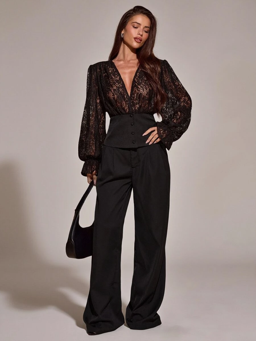 SHEIN BAE Elegant Sexy Lace Patchwork Jacket - Black - View 1