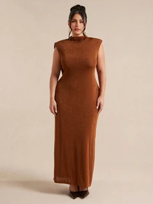 SHEIN BAE CURVE Plus Size Women's Fashion Versatile Dress For Vacation And Travel - Brown - View 2