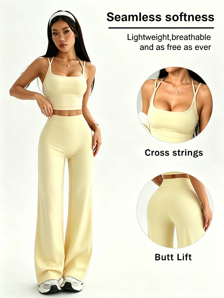 Dewbera Dewbera Women's Solid Color Camisole Tank Top And Long Pants Sports Set - Light Yellow - View 1