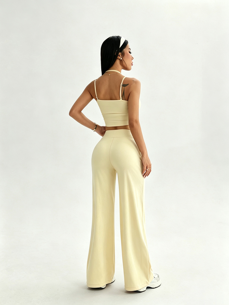 Dewbera Dewbera Women's Solid Color Camisole Tank Top And Long Pants Sports Set - Light Yellow - View 2