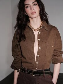 Anewsta Heavy Rhinestone Embellished Long Sleeve Single-Breasted Pocket Casual Denim Shirt - Brown - View 7