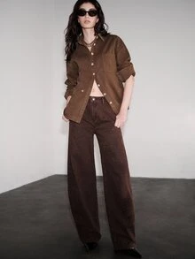 Anewsta Heavy Rhinestone Embellished Long Sleeve Single-Breasted Pocket Casual Denim Shirt - Brown - View 3
