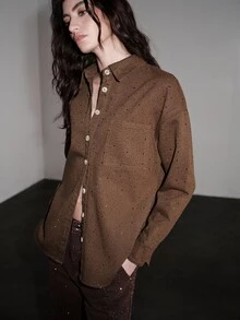 Anewsta Heavy Rhinestone Embellished Long Sleeve Single-Breasted Pocket Casual Denim Shirt - Brown - View 5