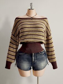 SHEIN ICON ملابس علوية نسائية مقاس كبير بني مخطط مكشوفة الكتف من الصوف المحبوك - بني - مشاهدة 3