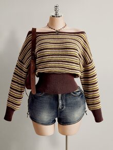 SHEIN ICON ملابس علوية نسائية مقاس كبير بني مخطط مكشوفة الكتف من الصوف المحبوك - بني - مشاهدة 12