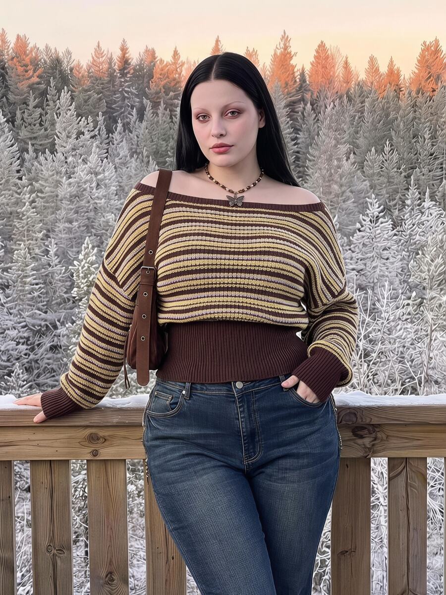 SHEIN ICON ملابس علوية نسائية مقاس كبير بني مخطط مكشوفة الكتف من الصوف المحبوك - بني - مشاهدة 1