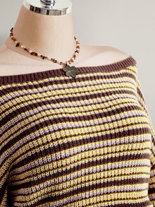 SHEIN ICON ملابس علوية نسائية مقاس كبير بني مخطط مكشوفة الكتف من الصوف المحبوك - بني - مشاهدة 8