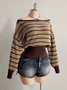 SHEIN ICON ملابس علوية نسائية مقاس كبير بني مخطط مكشوفة الكتف من الصوف المحبوك - بني - مشاهدة 5