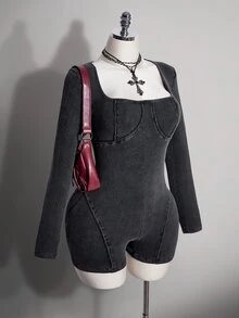 SHEIN ICON Women's Plus Size Autumn/Winter Retro Sexy Millennial Style Y2K Simple Casual Distressed Snowflake Washed Black Square Neck Romper - Black - View 5