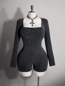 SHEIN ICON Women's Plus Size Autumn/Winter Retro Sexy Millennial Style Y2K Simple Casual Distressed Snowflake Washed Black Square Neck Romper - Black - View 4