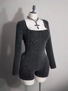 SHEIN ICON Women's Plus Size Autumn/Winter Retro Sexy Millennial Style Y2K Simple Casual Distressed Snowflake Washed Black Square Neck Romper - Black - View 6