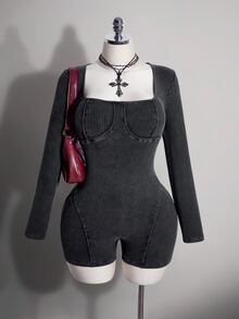 SHEIN ICON Women's Plus Size Autumn/Winter Retro Sexy Millennial Style Y2K Simple Casual Distressed Snowflake Washed Black Square Neck Romper - Black - View 9