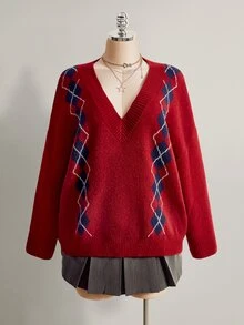 SHEIN ICON Women's Plus Size Preppy Style Red Plaid Sweater - Red - View 9