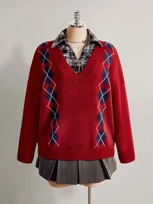 SHEIN ICON Women's Plus Size Preppy Style Red Plaid Sweater - Red - View 12