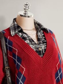 SHEIN ICON Women's Plus Size Preppy Style Red Plaid Sweater - Red - View 6