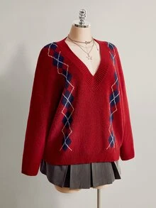 SHEIN ICON Women's Plus Size Preppy Style Red Plaid Sweater - Red - View 10