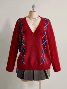 SHEIN ICON Women's Plus Size Preppy Style Red Plaid Sweater - Red - View 11