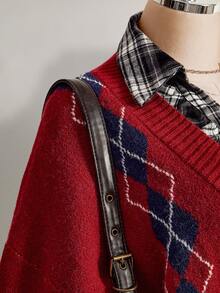 SHEIN ICON Women's Plus Size Preppy Style Red Plaid Sweater - Red - View 8