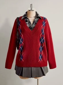 SHEIN ICON Women's Plus Size Preppy Style Red Plaid Sweater - Red - View 3