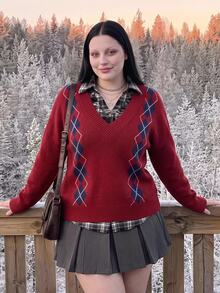 SHEIN ICON Women's Plus Size Preppy Style Red Plaid Sweater - Red - View 1