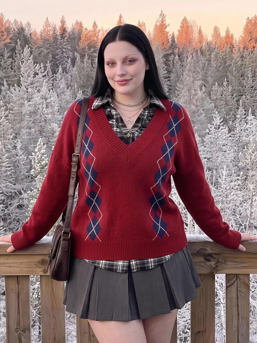 SHEIN ICON Women's Plus Size Preppy Style Red Plaid Sweater - Red - View 1