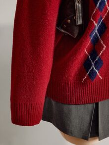 SHEIN ICON Women's Plus Size Preppy Style Red Plaid Sweater - Red - View 7