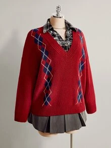 SHEIN ICON Women's Plus Size Preppy Style Red Plaid Sweater - Red - View 4