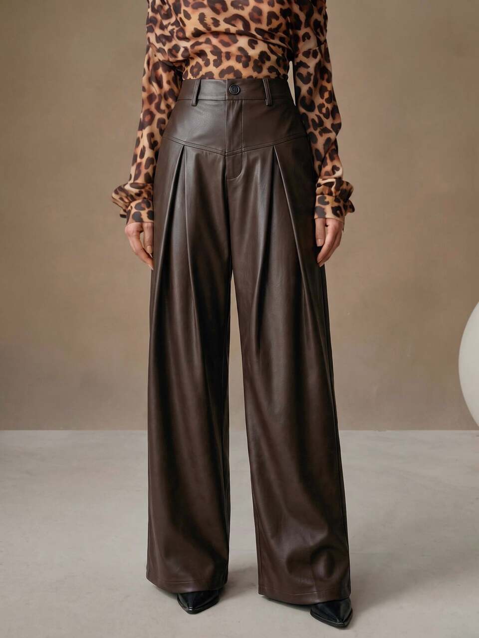 Anewsta Modern Urban Women Dark Brown High Waist Pleated PU Leather-Like Wide Leg Long Pants Office Wear Autumn Elegant