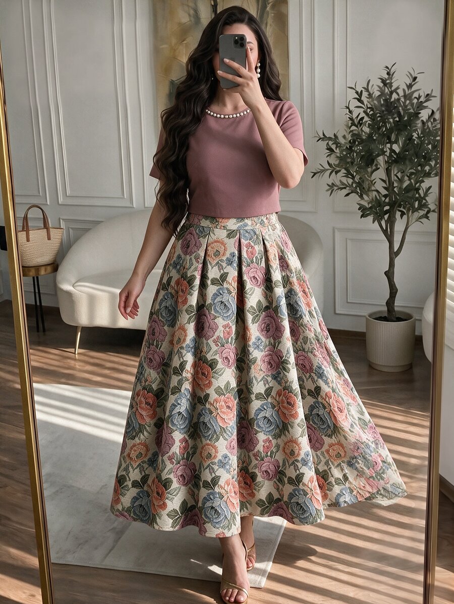 Modelyn Bộ đồ nữ thanh lịch, thời trang gồm áo cổ tròn đính hạt và chân váy jacquard, cỡ lớn. - Nhiều màu - Xem 1