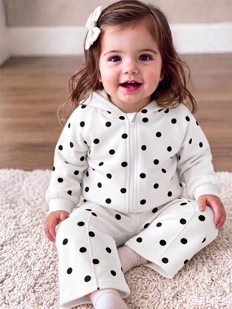 2pcs/Set Setelan Bayi Perempuan Motif Polkadot Kuning, Hoodie dan Celana Panjang Lucu dengan Motif Polkadot - MultiWarna - View 4
