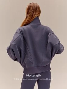 GLOWMODE Everyday Fleece Warmth Whisperer Soft Warm Lightweight Front Back Seam Detailing Pockets Batwing Sleeve High Neckline Full-Zip Jacket Casual - Purple - View 2