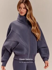 GLOWMODE Everyday Fleece Warmth Whisperer Soft Warm Lightweight Front Back Seam Detailing Pockets Batwing Sleeve High Neckline Full-Zip Jacket Casual - Purple - View 4