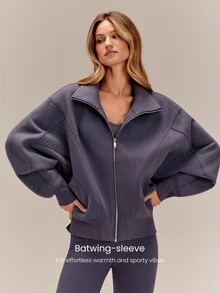 GLOWMODE Everyday Fleece Warmth Whisperer Soft Warm Lightweight Front Back Seam Detailing Pockets Batwing Sleeve High Neckline Full-Zip Jacket Casual - Purple - View 3